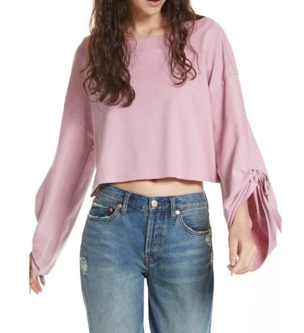 FREE PEOPLE Rose Pink Holala Sweatshirt Oversized Long Sleeve Crop Top XS S NWT